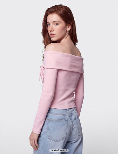 Top ajust&eacute; cropped manches longues rose clair