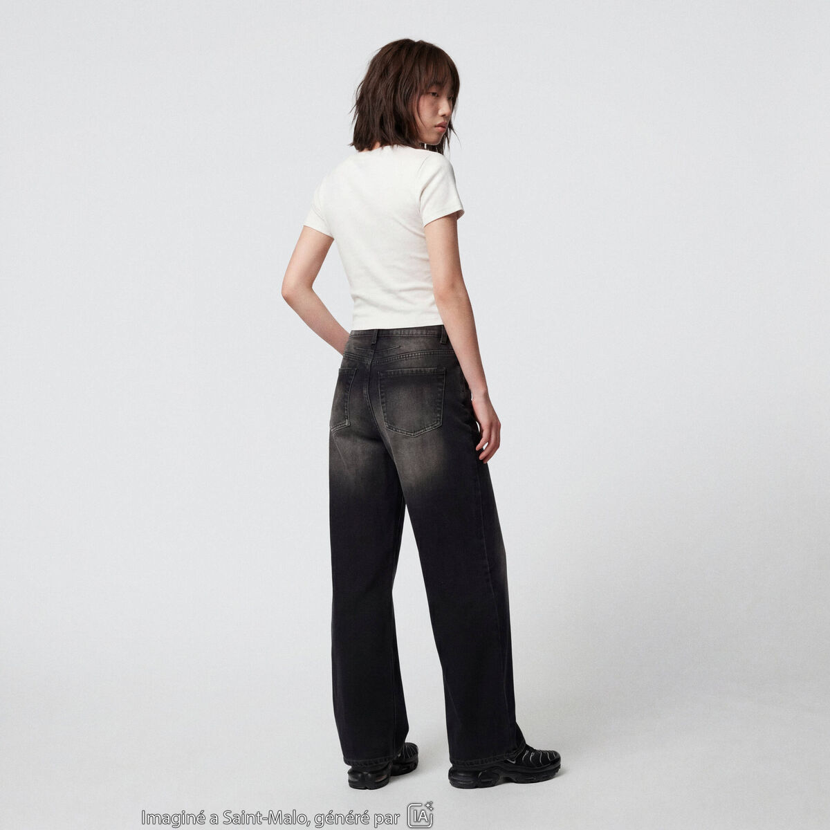 Jean wide leg taille basse denim noir ado