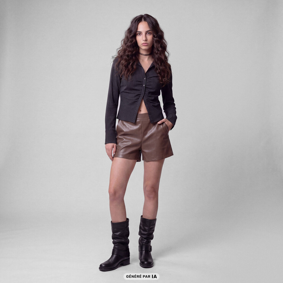 Short taille haute en similicuir taupe