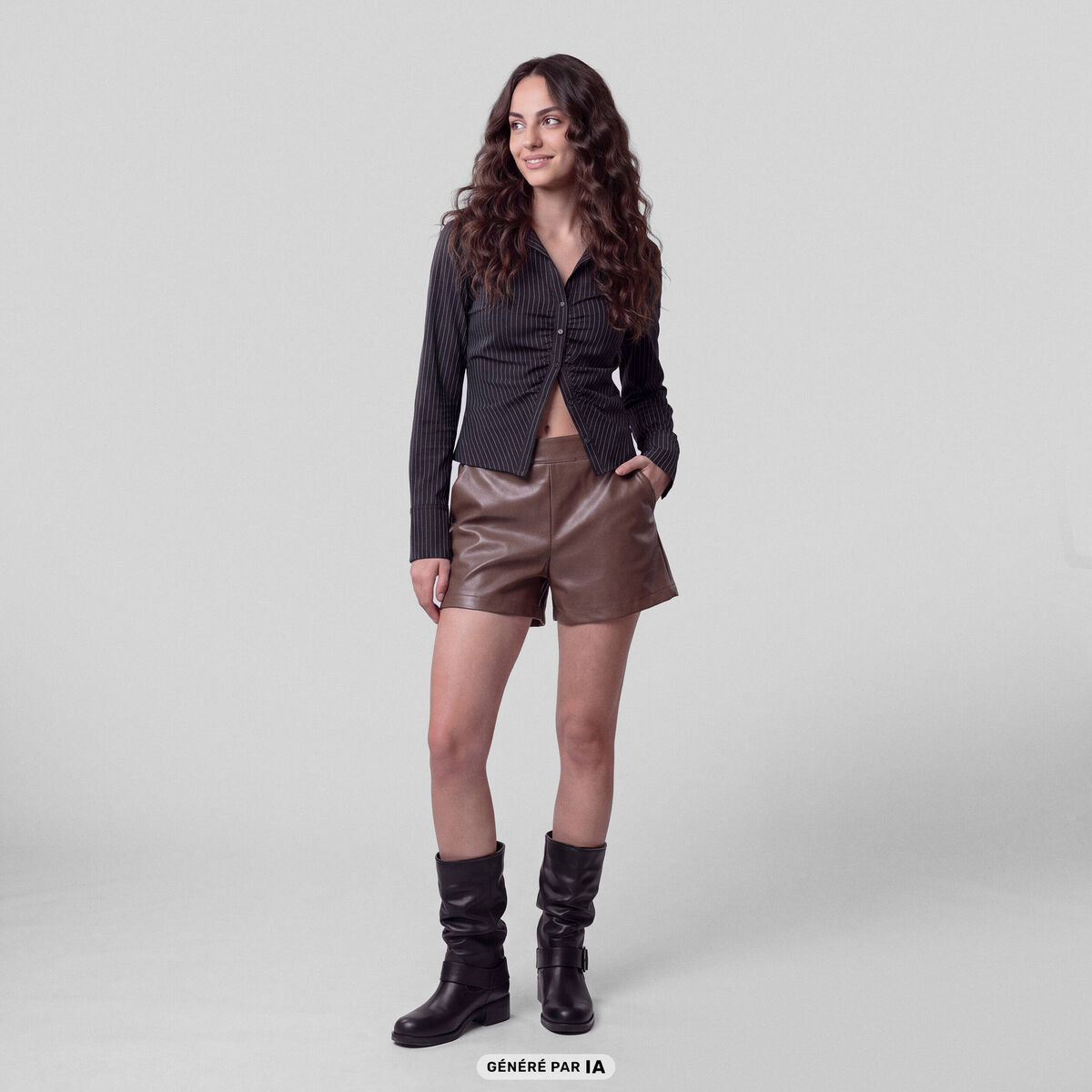 Short taille haute en similicuir taupe