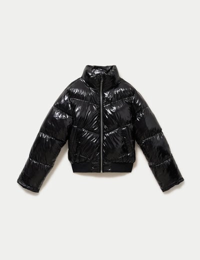 Doudoune courte brillante col montant noir