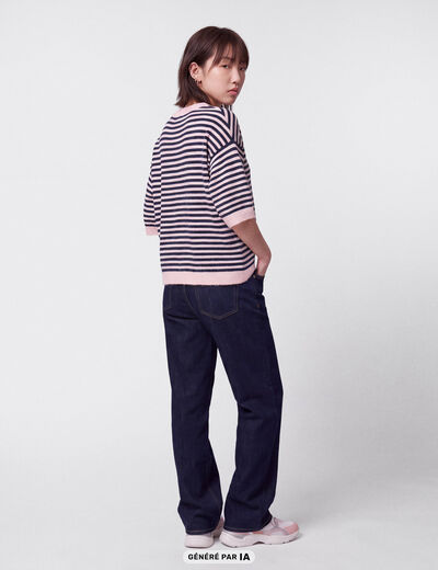 Pull col rond manches 3/4 rose clair