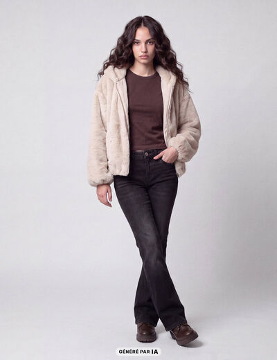Blouson capuche fausse fourrure ecru