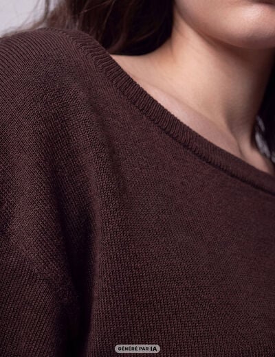 Pull oversize col bardot manches longues marron fonc&eacute;
