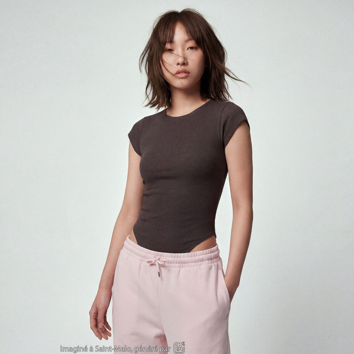 Body ajust&eacute; col rond manches courtes gris