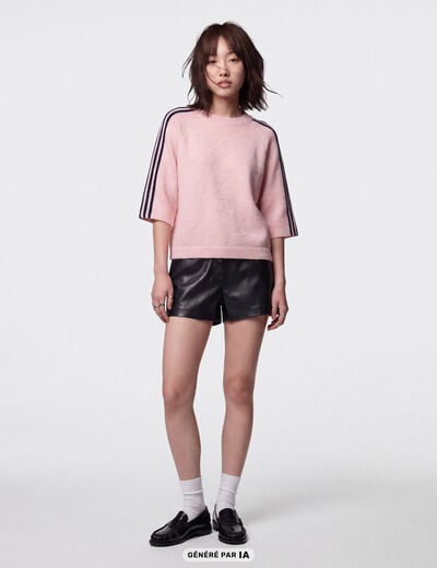 Pull col rond manches 3/4 rose clair