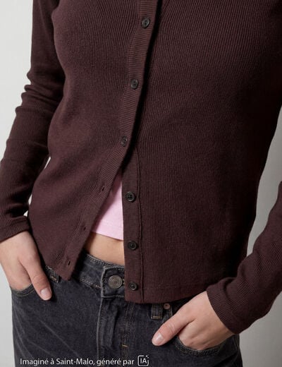 Gilet ajust&eacute; col rond manches longues marron fonc&eacute;