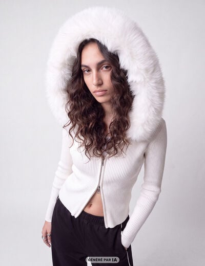 Gilet cintr&eacute; fausse fourrure &agrave; capuche ecru