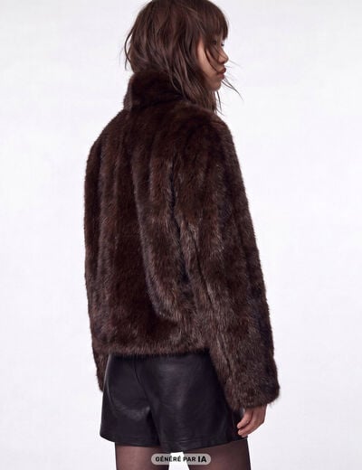 Manteau droit court fausse fourrure marron fonc&eacute;