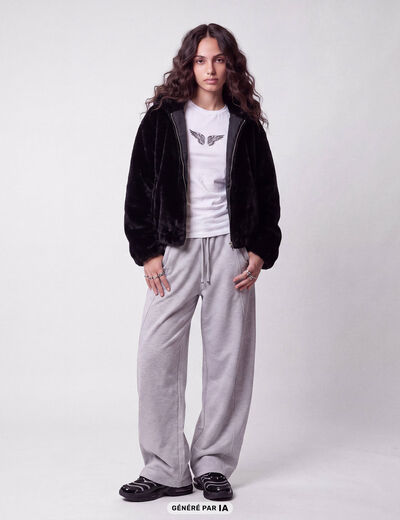 Blouson capuche fausse fourrure noir