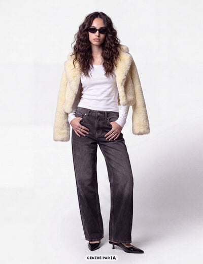 Manteau droit cropped fausse fourrure jaune clair