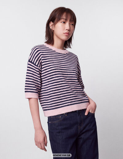 Pull col rond manches 3/4 rose clair