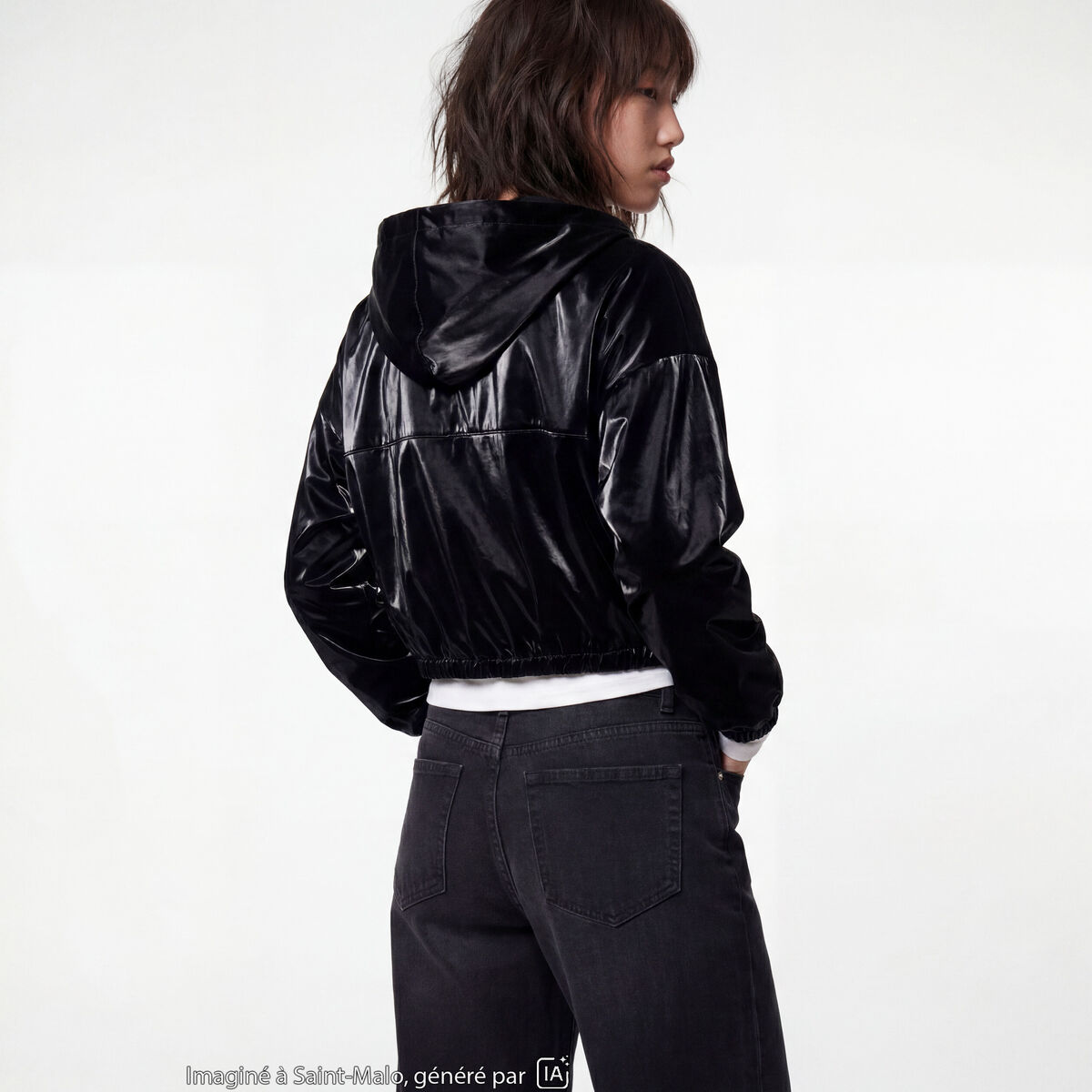 Blouson droit cropped &agrave; capuche velours noir