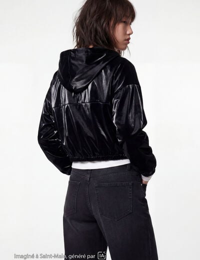 Blouson droit cropped &agrave; capuche velours noir
