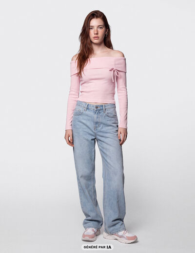 Top ajust&eacute; cropped manches longues rose clair
