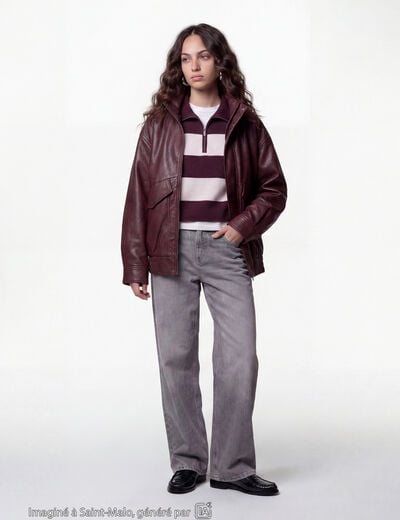 Veste oversize similicuir col biker bordeaux