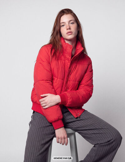 Doudoune droite cropped col montant rouge