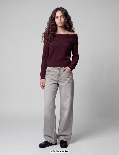 Pull col bardot manches longues bordeaux