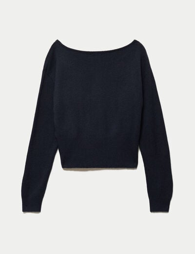 Pull col bateau manches longues strass bleu marine