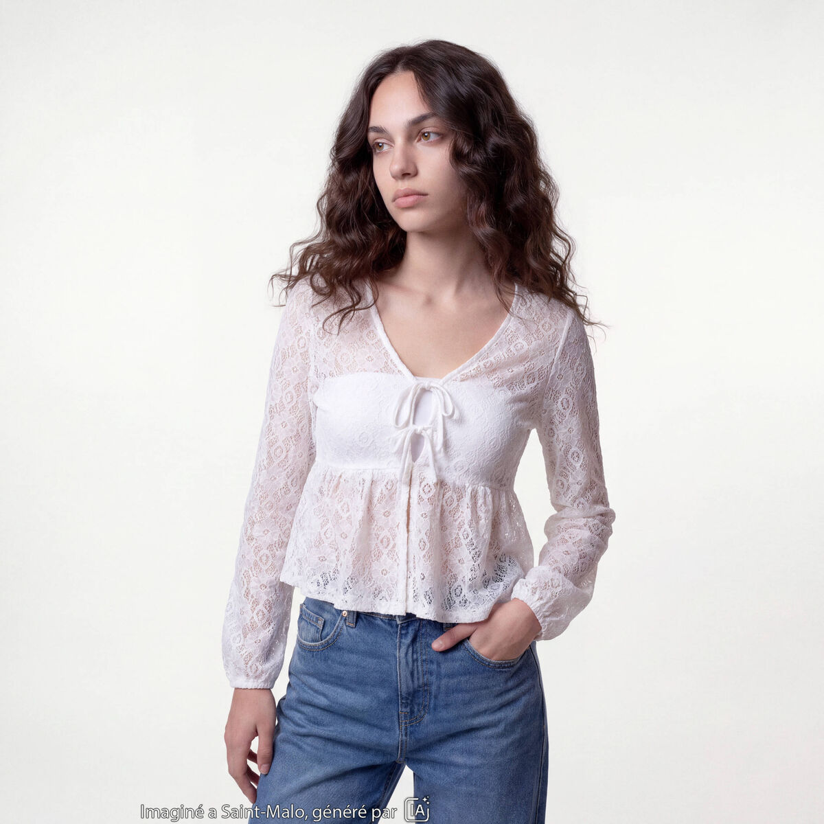 Chemise cintr&eacute;e dentelle col rond ecru ado
