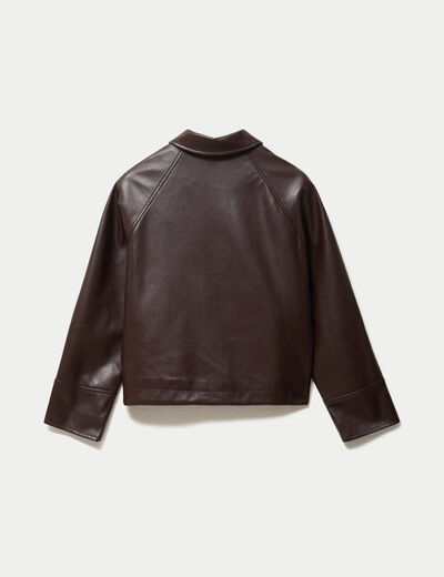 Blouson oversize court similicuir marron fonc&eacute;