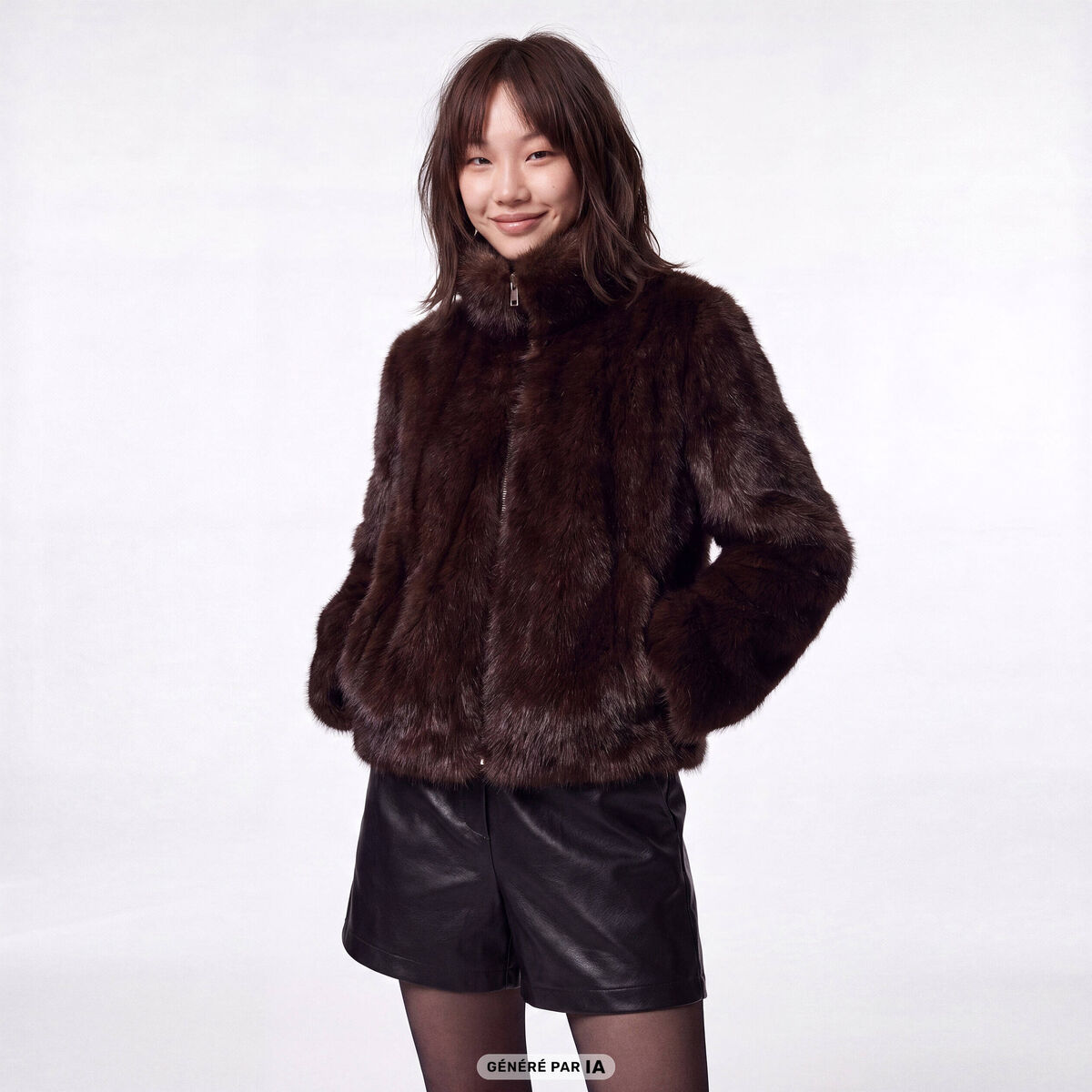 Manteau droit court fausse fourrure marron fonc&eacute;