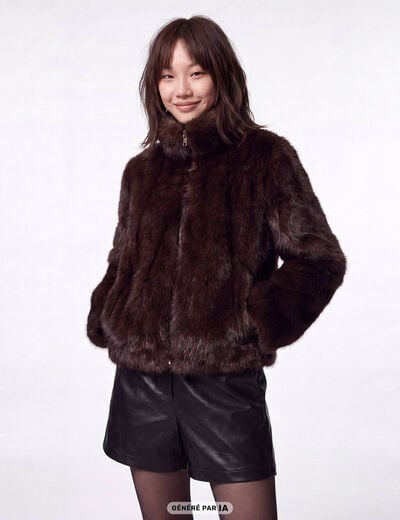 Manteau droit court fausse fourrure marron fonc&eacute;