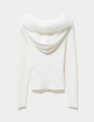 Gilet cintr&eacute; fausse fourrure &agrave; capuche ecru