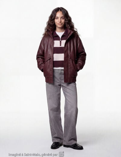 Veste oversize similicuir col biker bordeaux