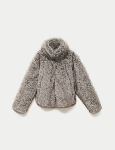 Manteau droit court fausse fourrure bleu gris