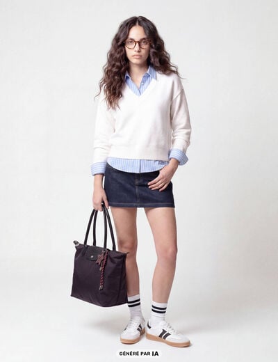 Pull ajust&eacute; d&eacute;collet&eacute; manches longues ecru