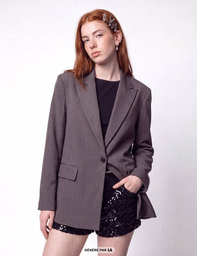 Veste col tailleur manches longues gris fonc&eacute;