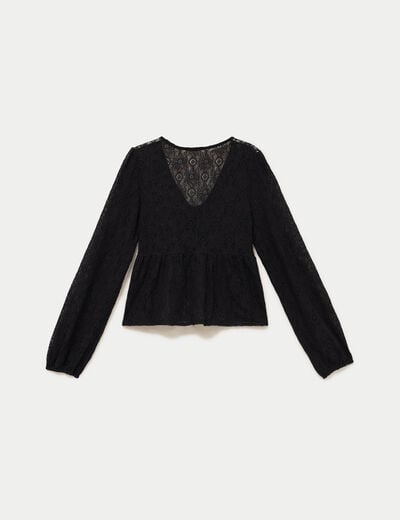 Chemise cintr&eacute;e dentelle col rond noir ado