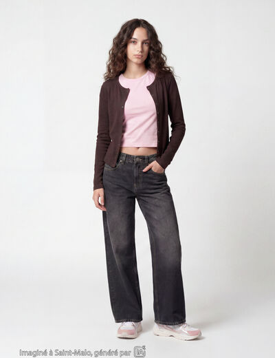 Gilet ajust&eacute; col rond manches longues marron fonc&eacute;