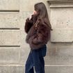 Manteau droit court fausse fourrure marron fonc&eacute;