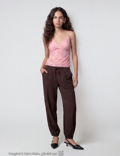 Pantalon large en cr&ecirc;pe taille standard marron fonc&eacute;