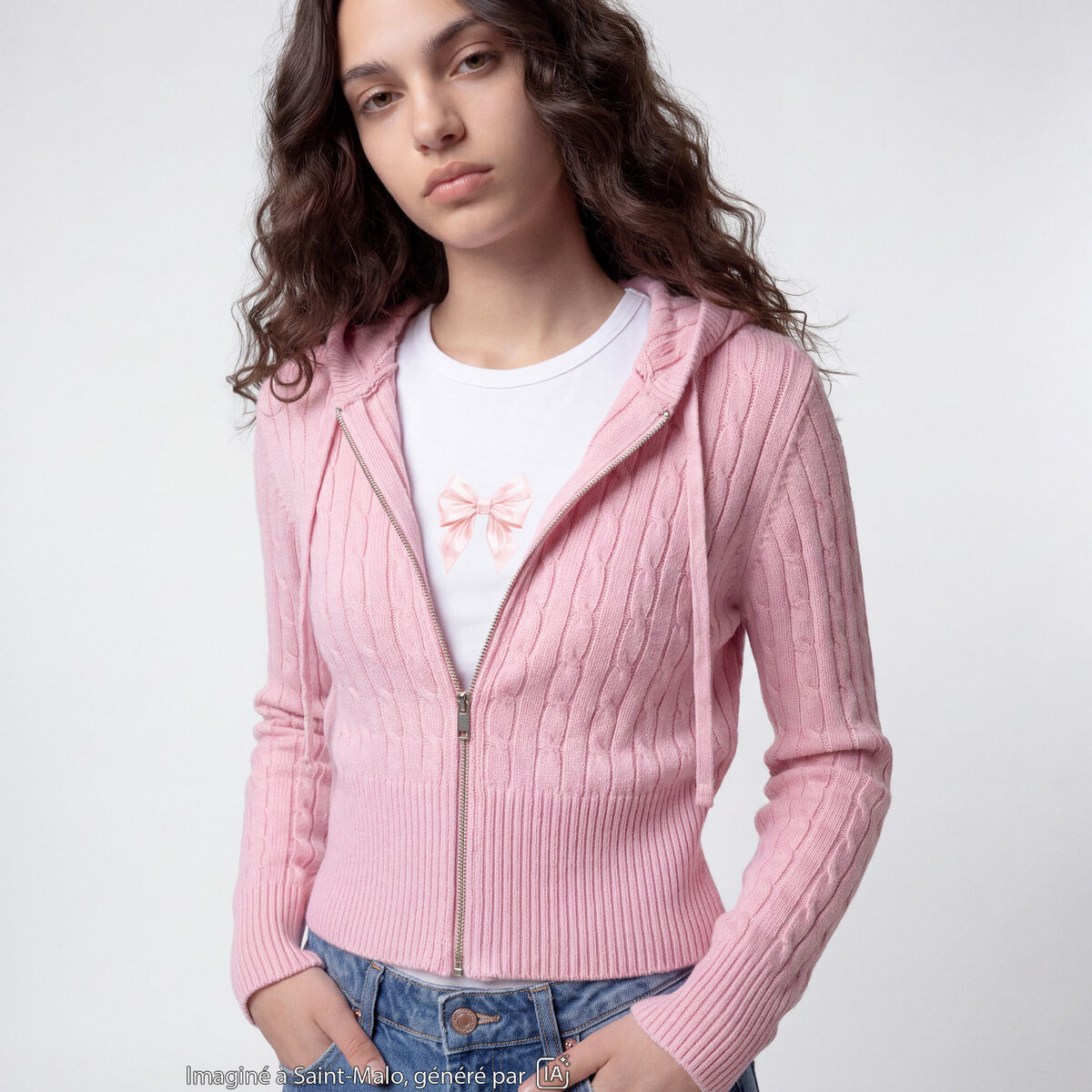 Gilet &agrave; capuche manches longues rose