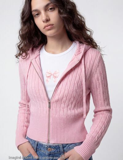 Gilet &agrave; capuche manches longues rose