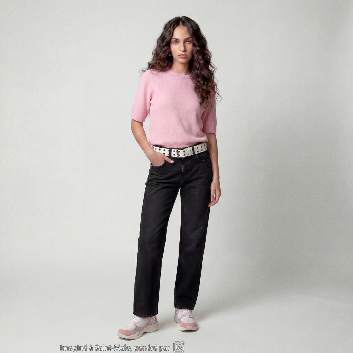 Pull col rond manches courtes rose