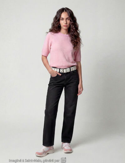 Pull col rond manches courtes rose