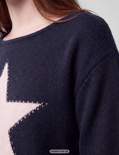 Pull col bateau manches longues strass bleu marine