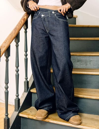 Jean Lenny wide leg taille crois&eacute;e denim brut