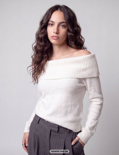 Pull col bardot manches longues ecru