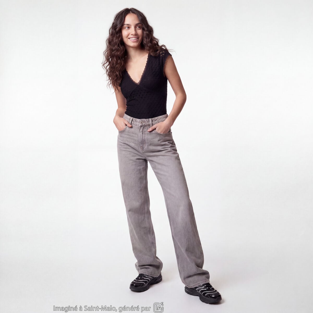 Jean Lenny wide leg taille standard denim gris