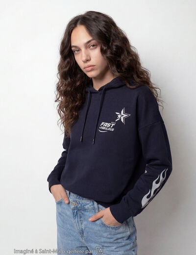 Sweat &agrave; capuche manches longues bleu marine
