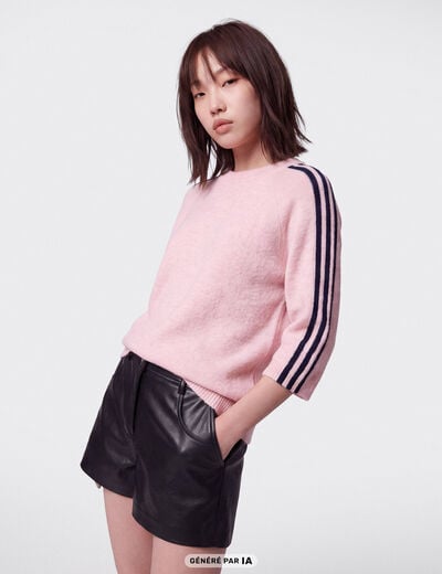 Pull col rond manches 3/4 rose clair
