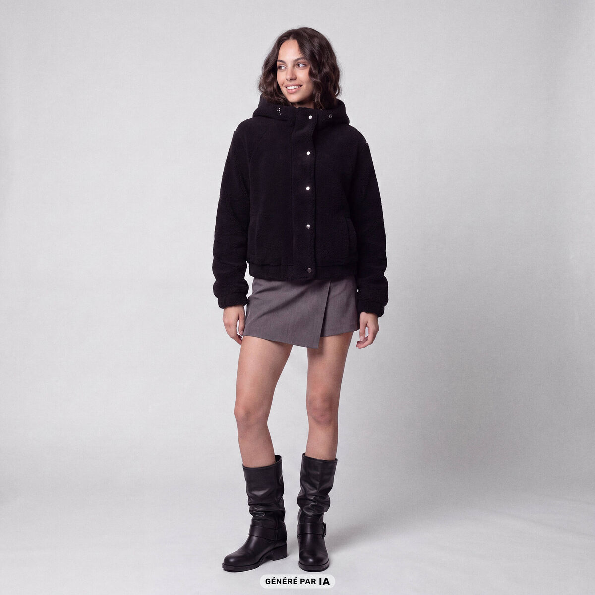Blouson court droit effet polaire noir