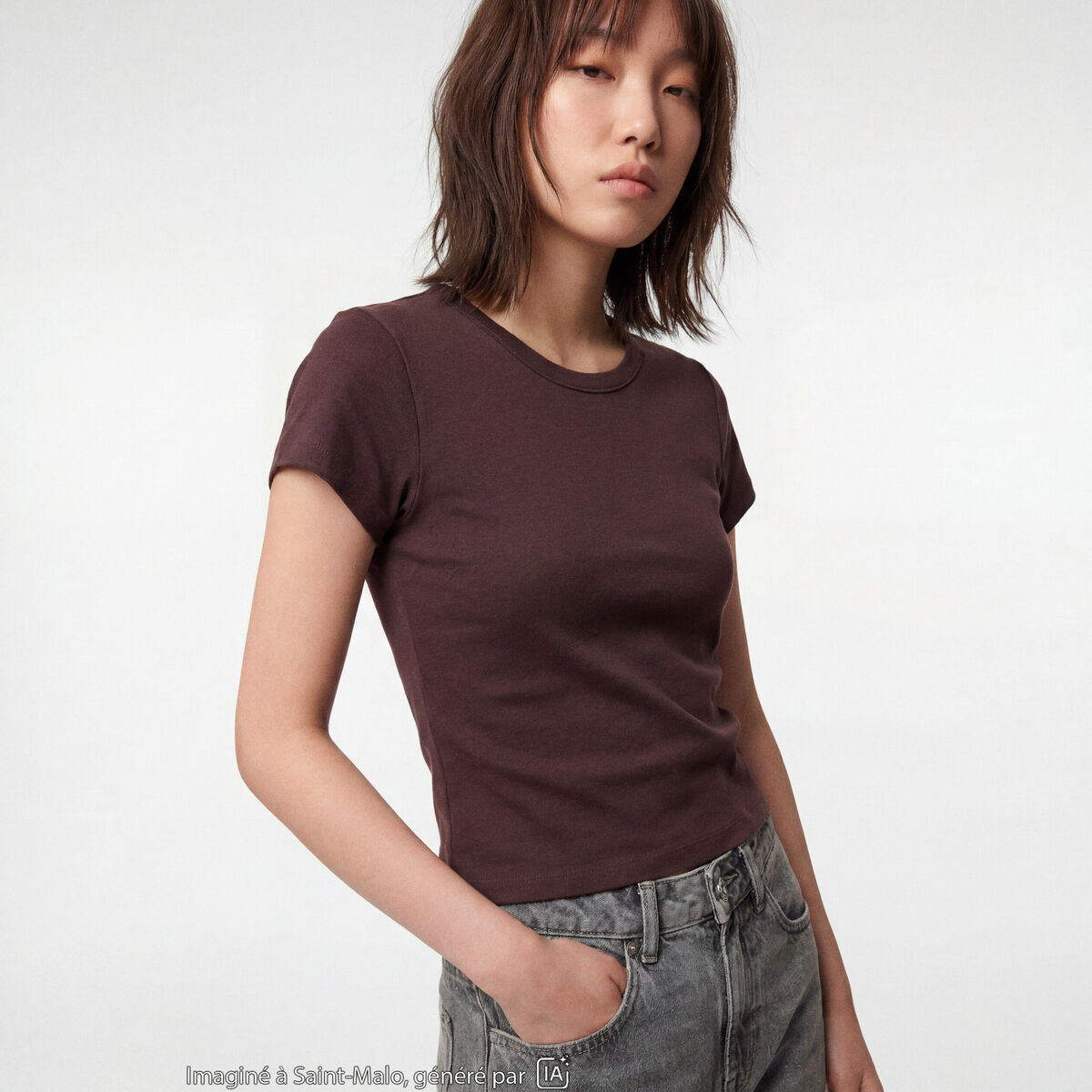 T-shirt ajust&eacute; col rond manches courtes marron fonc&eacute;