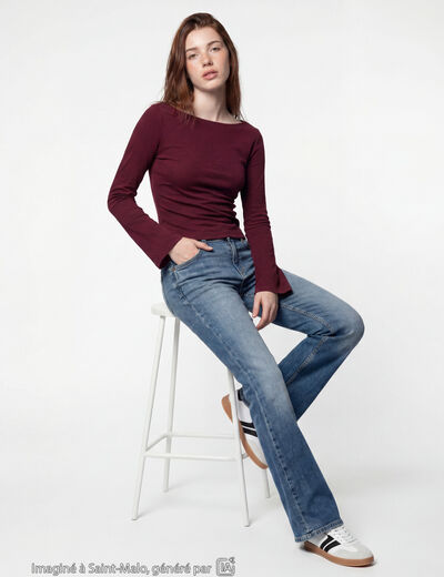 T-shirt cintr&eacute; col rond manches longues bordeaux
