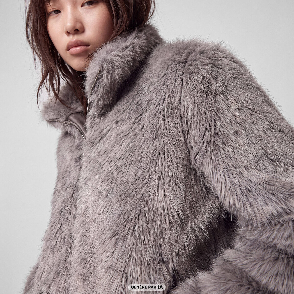 Manteau droit court fausse fourrure bleu gris